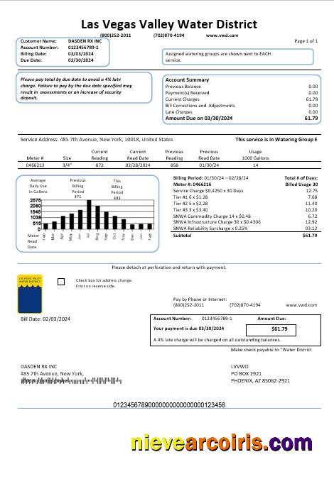 USA Las Vegas Valley Water District (LVVWD) business utility bill